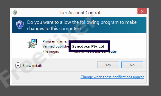 Screenshot where Syncdocs Pty Ltd appears as the verified publisher in the UAC dialog